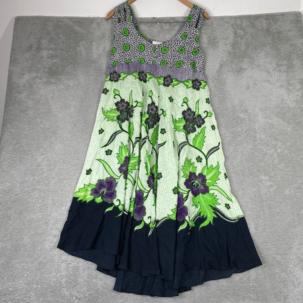 Gajah Tunggal Batik Dress Womens Large Green Floral Mixed Print Boho Art to Wear